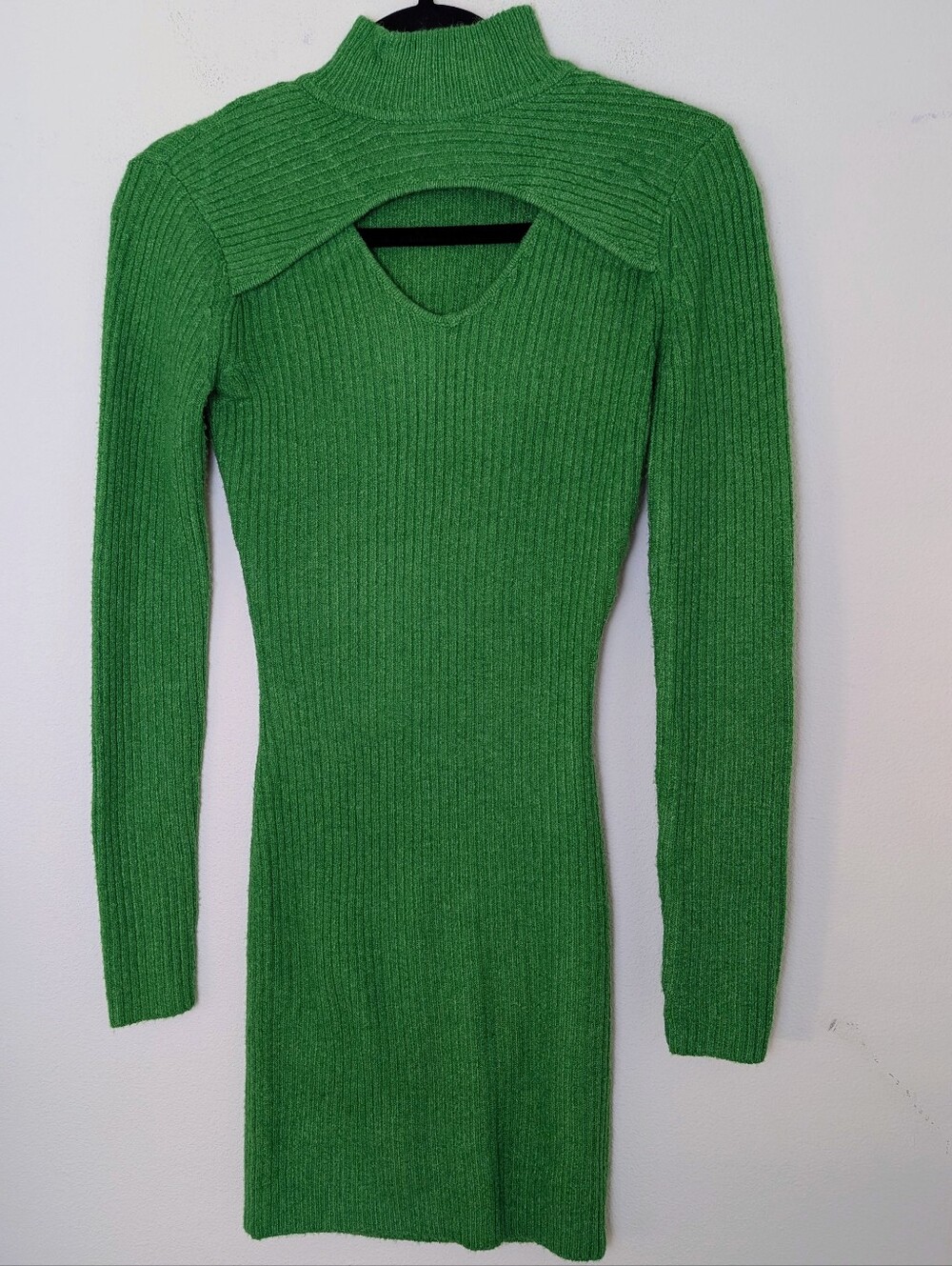New Olive+Oak Green Ribbed Knit Stretch Turtleneck Cutout Sweater Dress XS Short